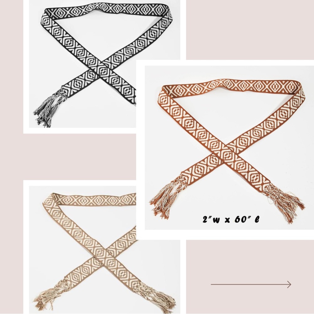 Boho Stripe Pattern Braided Belt 60” available in Black, Rust or Khaki